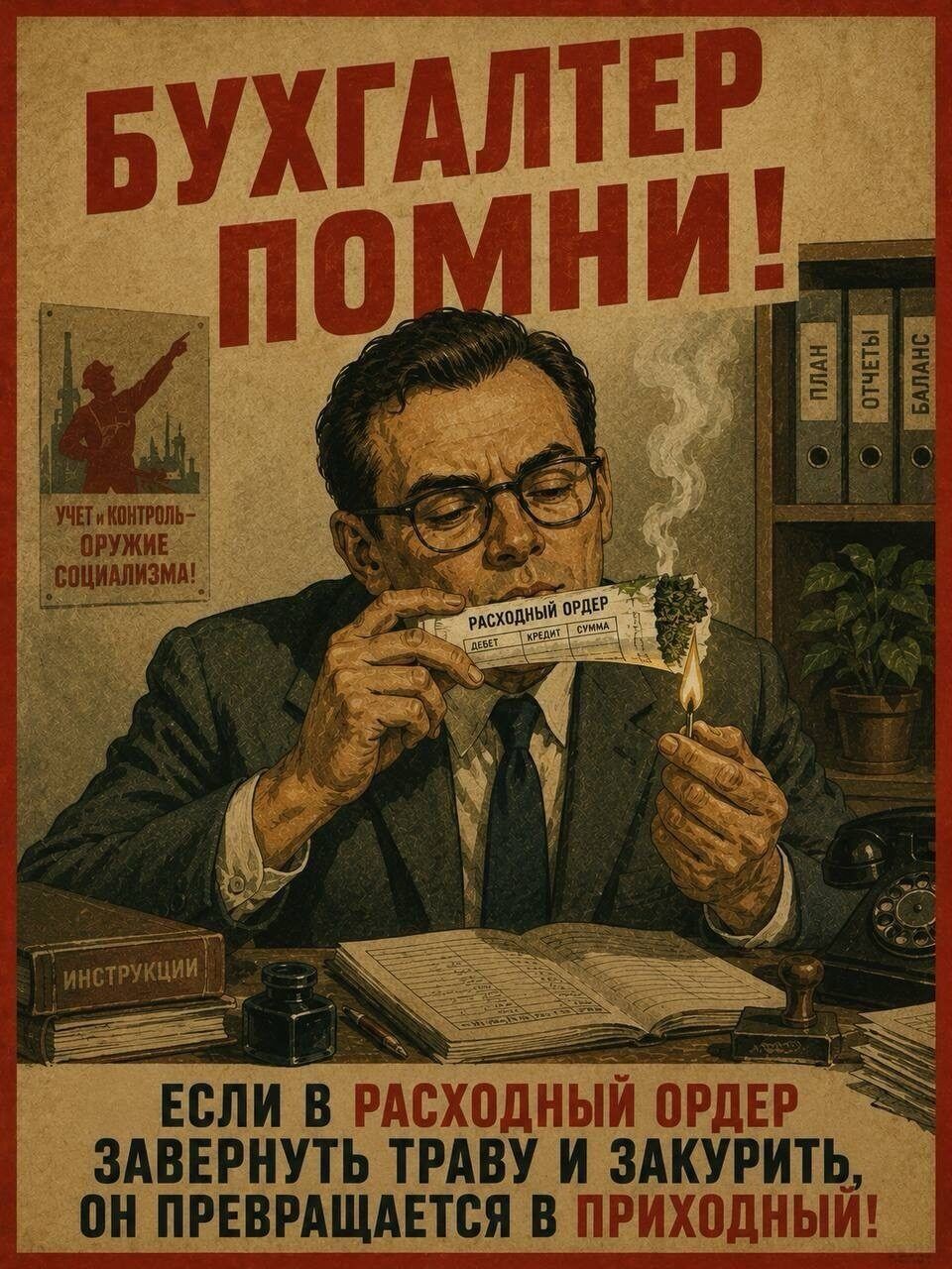 БУХГАЛТЕР ПОМНИ! УЧЕТ и КОНТРОЛЬ - ОРУЖИЕ СОЦИАЛИЗМА! РАСХОДНЫЙ ОРДЕР ДЕБЕТ КРЕДИТ СУММА ПЛАН ОТЧЕТЫ БАЛАНС ИНСТРУКЦИИ ЕСЛИ В РАСХОДНЫЙ ОРДЕР ЗАВЕРНУТЬ ТРАВУ И ЗАКУРИТЬ, ОН ПРЕВРАЩАЕТСЯ В ПРИХОДНЫЙ!