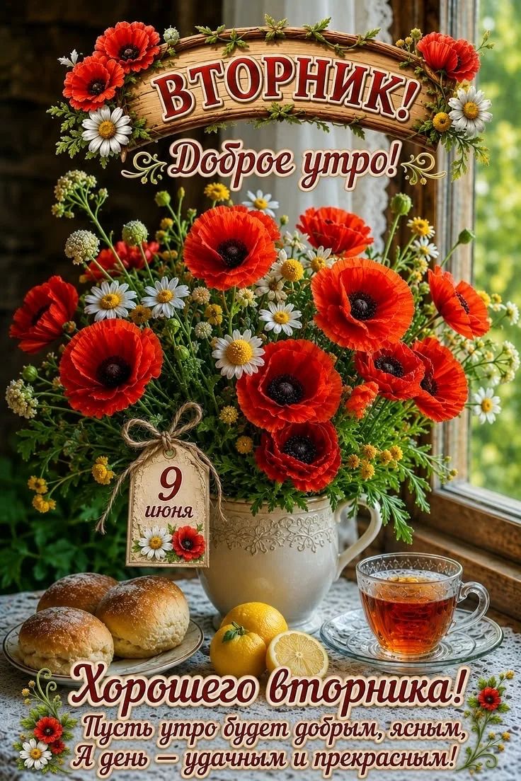ВТОРНИК! Доброе утро! 9 ИЮНЯ Хорошего вторника! Пусть утро будет добрым, ясным, А день — удачным и прекрасным!