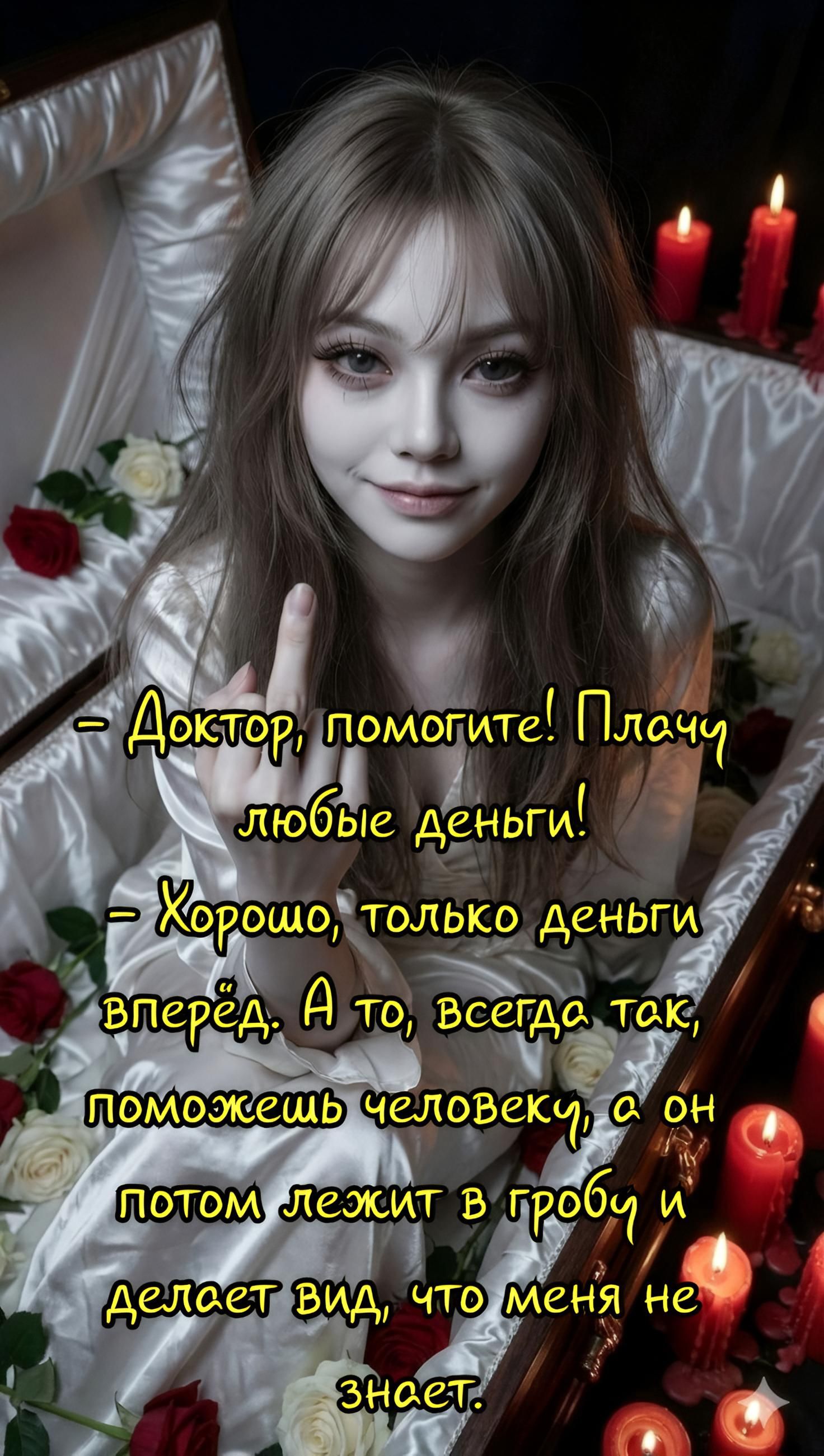 - Доктор, помогите! Плачу любые деньги! - Хорошо, только деньги вперёд. А то, всегда так, поможешь человеку, а он потом лежит в гробу и делает вид, что меня не знает.