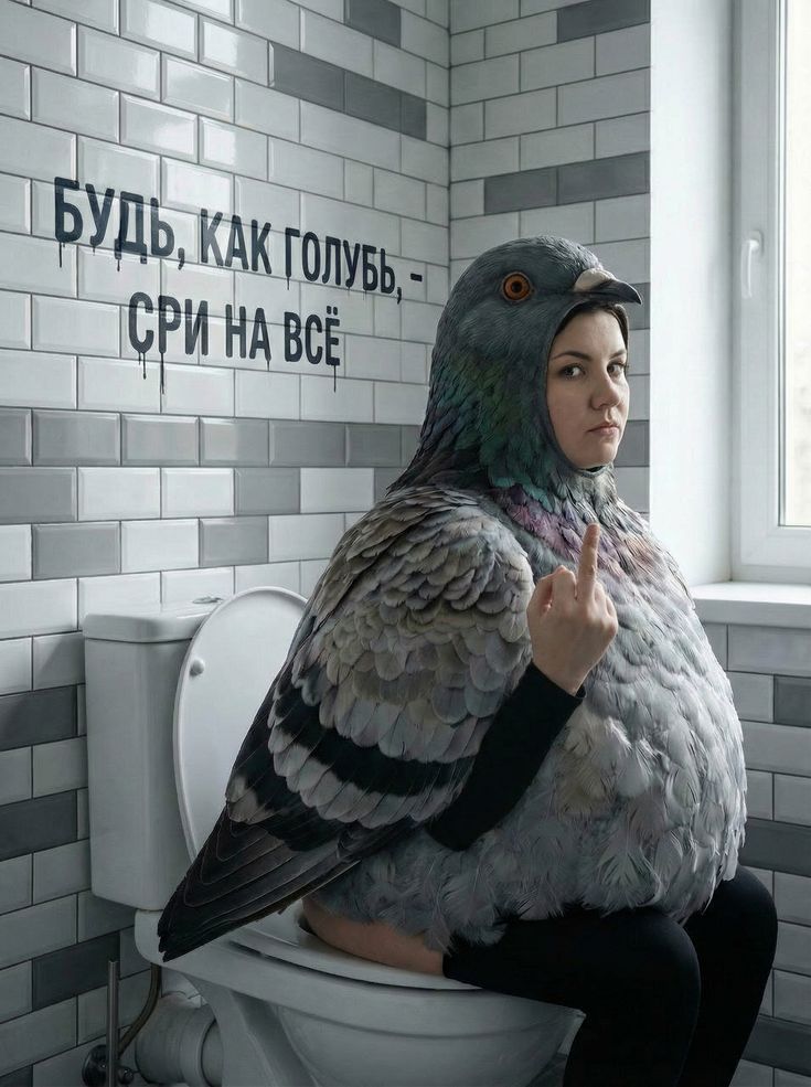 На стене надпись: «БУДЬ, КАК ГОЛУБЬ, - СРИ НА ВСЁ». Человек в костюме голубя сидит на унитазе и показывает средний палец.