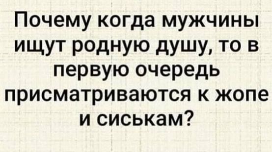 Почему когда мужчины ищут родную душу, то в первую очередь присматриваются к жопе и сиськам?