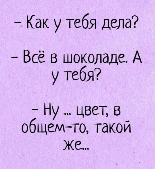 - Как у тебя дела? - Всё в шоколаде. А у тебя? - Ну... цвет, в общем-то, такой же...