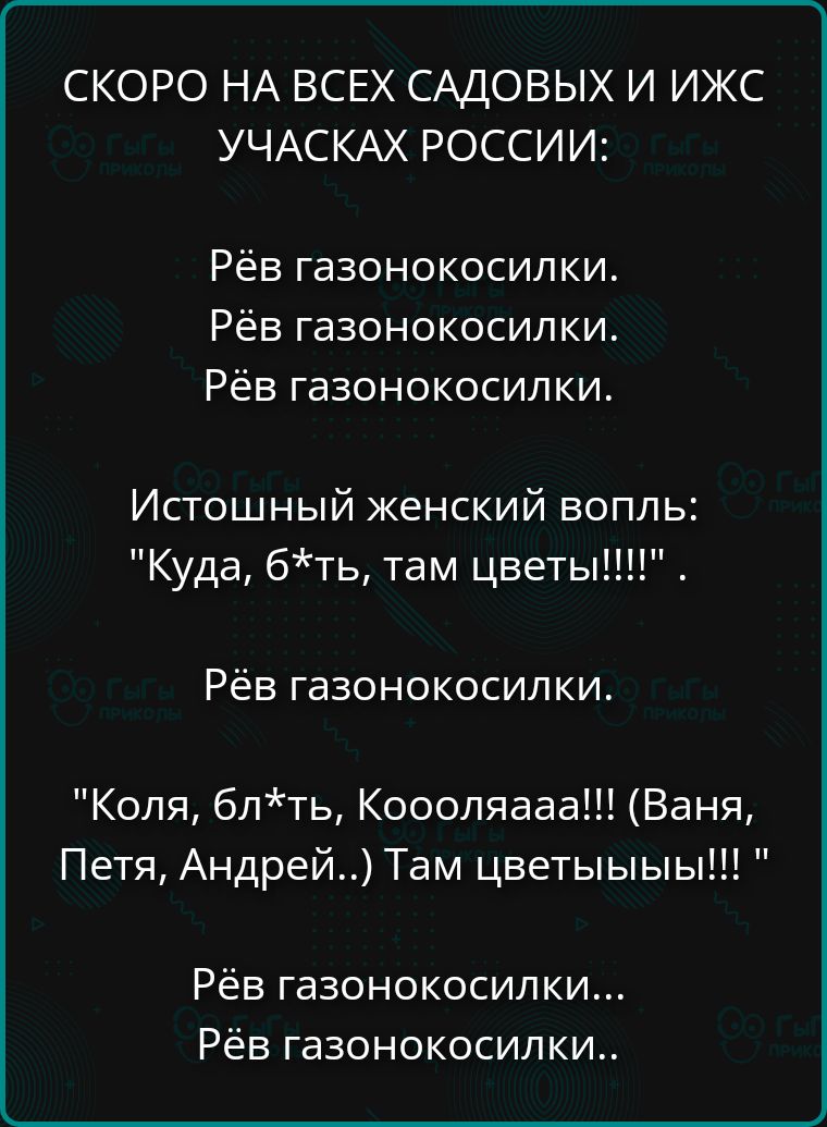 СКОРО НА ВСЕХ САДОВЫХ И ИЖС УЧАСТКАХ РОССИИ: Рёв газонокосилки. Рёв газонокосилки. Рёв газонокосилки. Истошный женский вопль: 