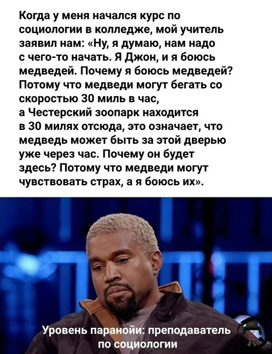Когда у меня начался курс по социологии в колледже, мой учитель заявил нам: «Ну, я думаю, нам надо с чего-то начать. Я Джон, и я боюсь медведей. Почему я боюсь медведей? Потому что медведи могут бегать со скоростью 30 миль в час, а Честерский зоопарк находится в 30 милях отсюда, это означает, что медведь может быть за этой дверью уже через час.