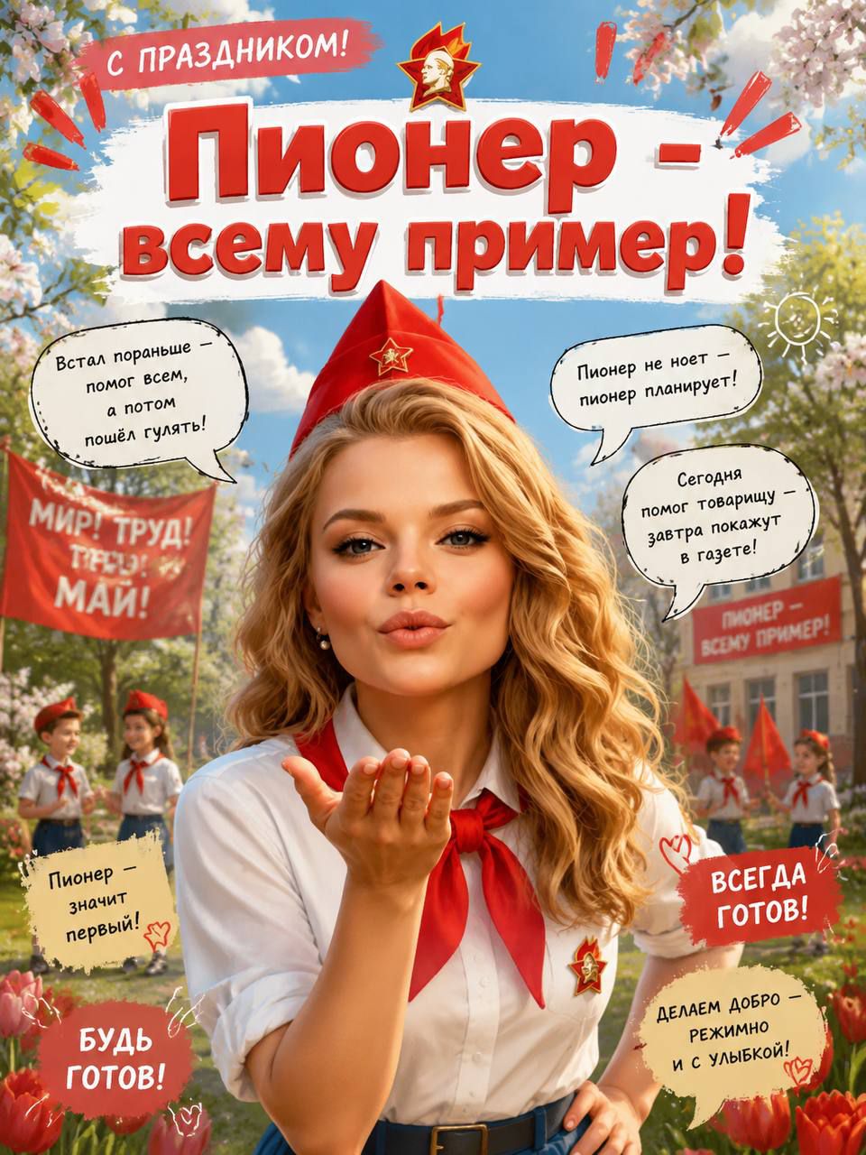 С ПРАЗДНИКОМ! Пионер - всему пример! Встал пораньше - помог всем, а потом пошёл гулять! Пионер не ноет - пионер планирует! Сегодня помог товарищу - завтра покажут в газете! МИР! ТРУД! МАЙ! Пионер - значит первый! ВСЕГДА ГОТОВ! БУДЬ ГОТОВ! Делаем добро - режимно и с улыбкой!