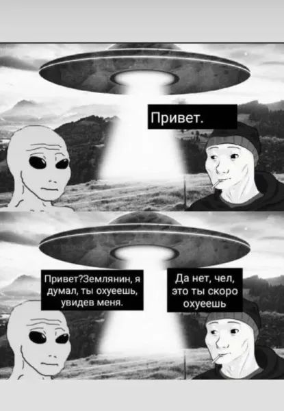 Привет. Привет? Землянин, я думал, ты охуеешь, увидев меня. Да нет, чел, это ты скоро охуеешь