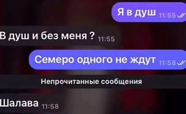 Я в душ 11:55. В душ и без меня ? 11:55. Семеро одного не ждут 11:58. Непрочитанные сообщения. Шалава 11:58.