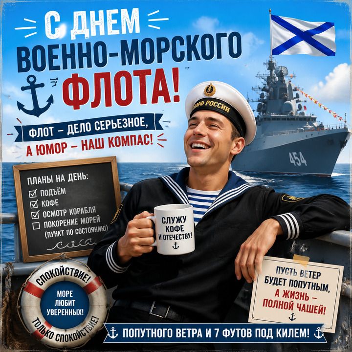С ДНЕМ ВОЕННО-МОРСКОГО ФЛОТА! ФЛОТ - ДЕЛО СЕРЬЕЗНОЕ, А ЮМОР - НАШ КОМПАС! ПЛАНЫ НА ДЕНЬ: ПОДЪЕМ, КОФЕ, ОСМОТР КОРАБЛЯ, ПОКОРЕНИЕ МОРЕЙ (ПУНКТ ПО СОСТОЯНИЮ). СЛУЖУ КОФЕ И ОТЕЧЕСТВУ! СПОКОЙСТВИЕ! МОРЕ ЛЮБИТ УВЕРЕННЫХ! ТОЛЬКО СПОКОЙСТВИЕ! ПУСТЬ ВЕТЕР БУДЕТ ПОПУТНЫМ, А ЖИЗНЬ - ПОЛНОЙ ЧАШЕЙ! ПОПУТНОГО ВЕТРА И 7 ФУТОВ ПОД КИЛЕМ! ВМФ РОССИИ 454.