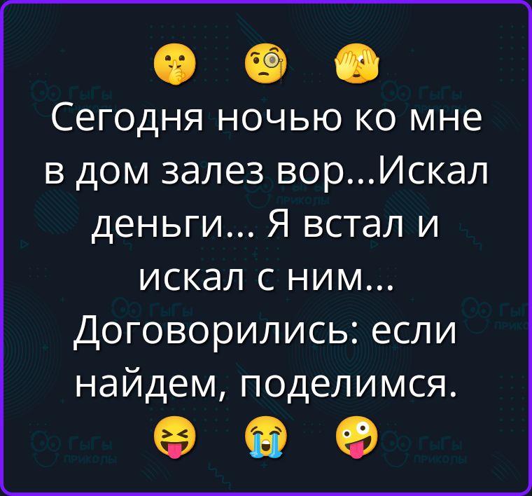 Сегодня ночью ко мне в дом залез вор... Искал деньги... Я встал и искал с ним... Договорились: если найдем, поделимся.