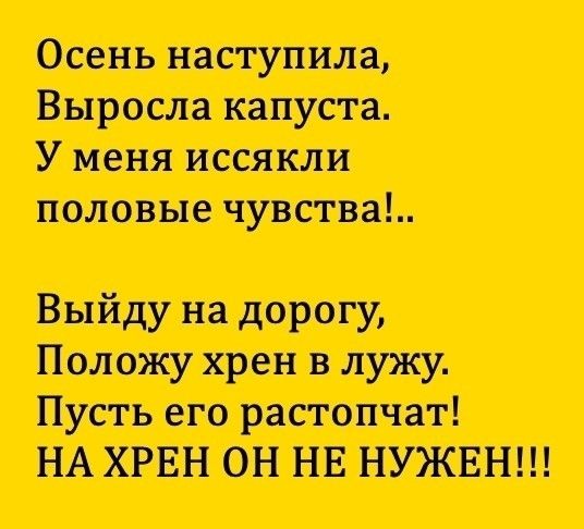 Осень наступила, Выросла капуста. У меня иссякли половые чувства!.. Выйду на дорогу, Положу хрен в лужу. Пусть его растопчут! НА ХРЕН ОН НЕ НУЖЕН!!!