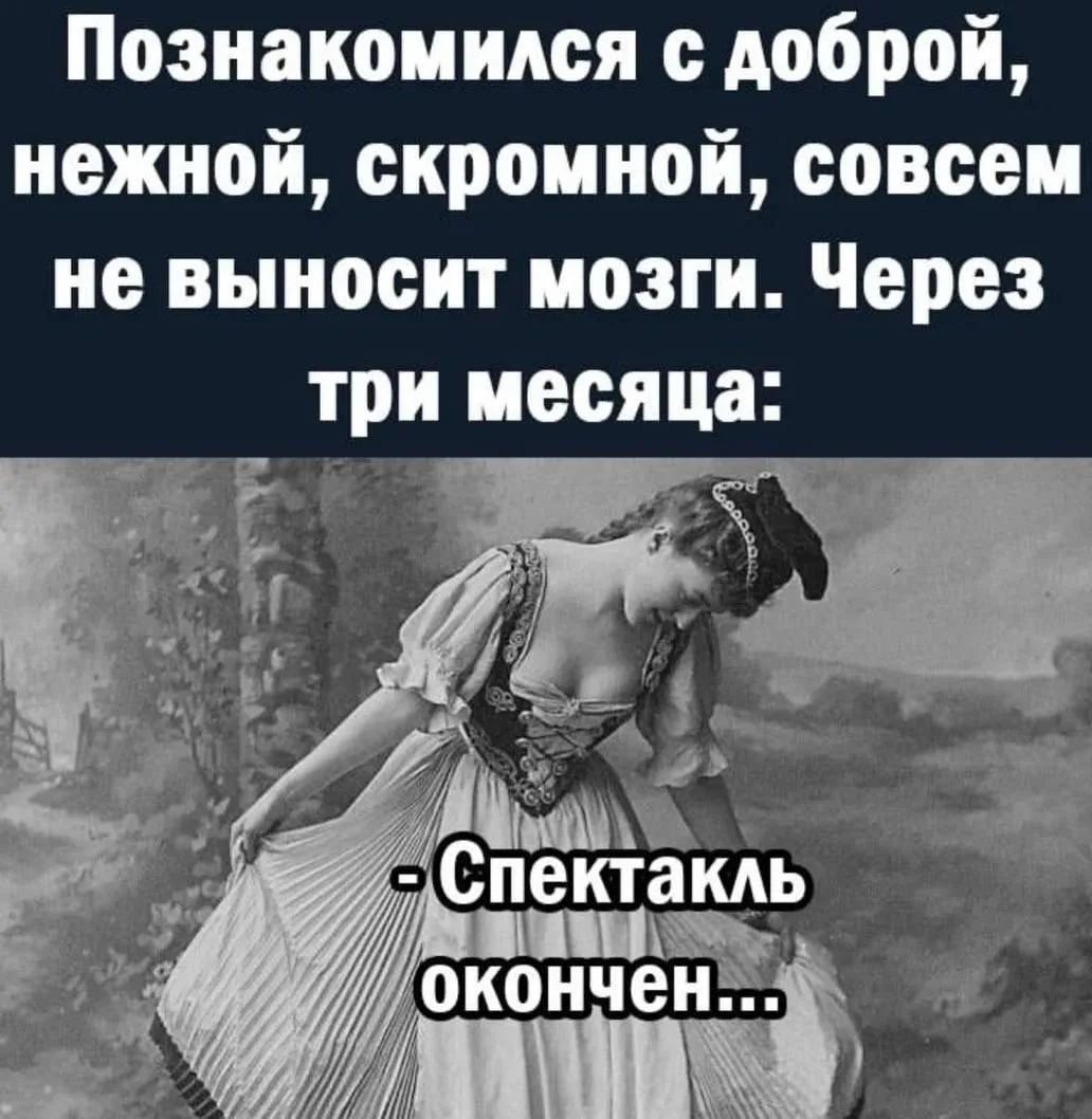 Познакомился с доброй, нежной, скромной, совсем не выносит мозги. Через три месяца: - Спектакль окончен...