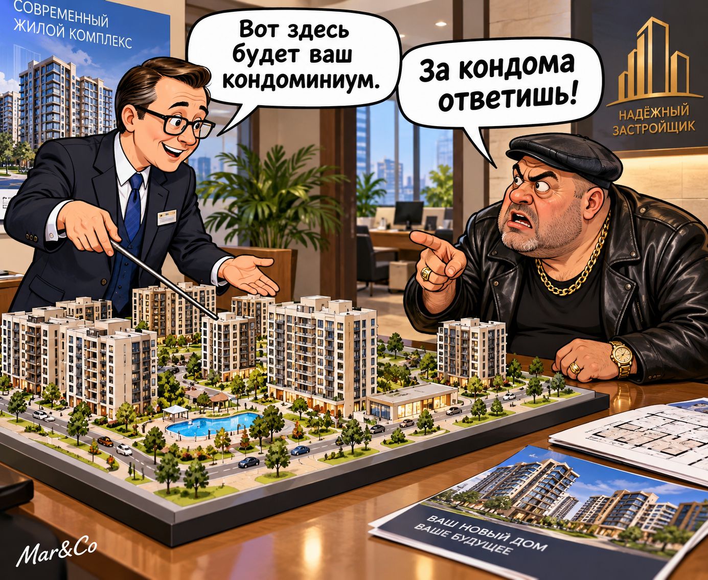 СОВРЕМЕННЫЙ ЖИЛОЙ КОМПЛЕКС. Вот здесь будет ваш кондоминиум. За кондома ответишь! НАДЁЖНЫЙ ЗАСТРОЙЩИК. ВАШ НОВЫЙ ДОМ ВАШЕ БУДУЩЕЕ Mar&Co