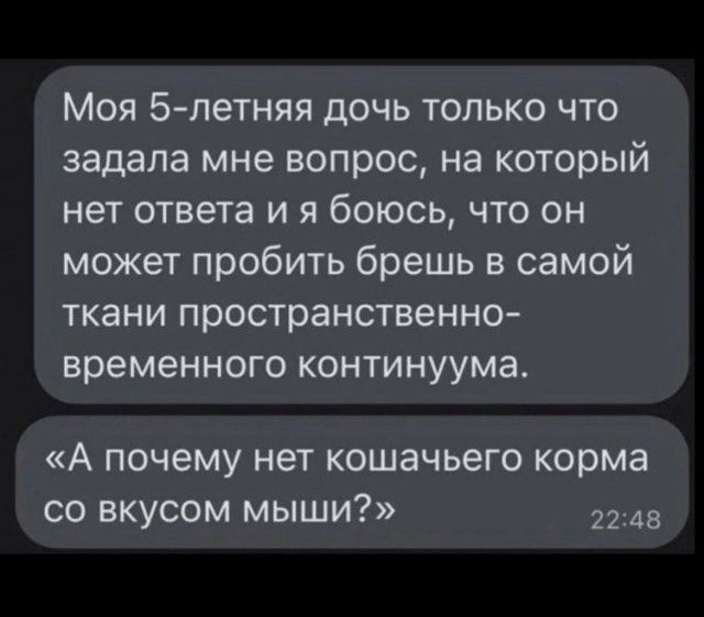 Моя 5-летняя дочь только что задала мне вопрос, на который нет ответа и я боюсь, что он может пробить брешь в самой ткани пространственно-временного континуумума. «А почему нет кошачьего корма со вкусом мыши?»