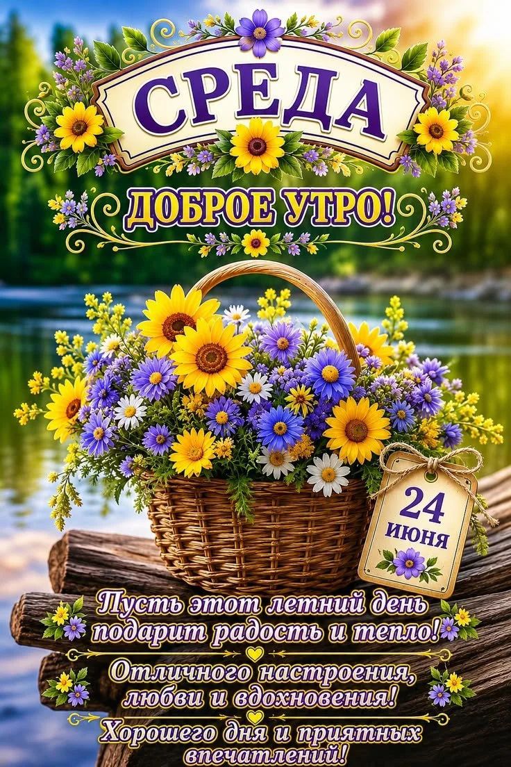 СРЕДА ДОБРОЕ УТРО! 24 ИЮНЯ Пусть этот летний день подарит радость и тепло! Отличного настроения, любви и вдохновения! Хорошего дня и приятных впечатлений!