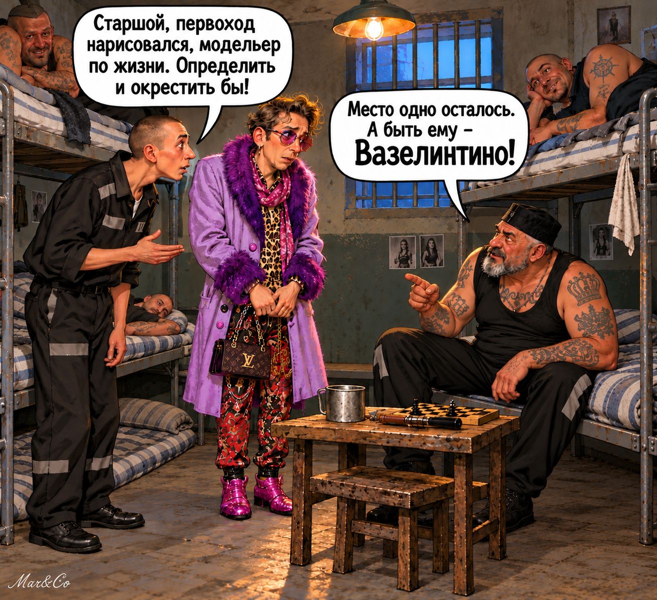 Старшой, первоход нарисовался, модельер по жизни. Определить и окрестить бы! Место одно осталось. А быть ему - Вазелинтино!