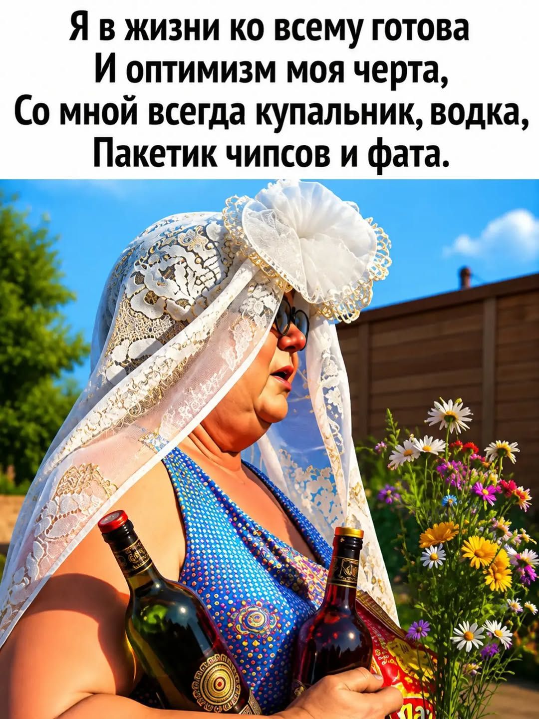Я в жизни ко всему готова И оптимизм моя черта, Со мной всегда купальник, водка, Пакетик чипсов и фата.