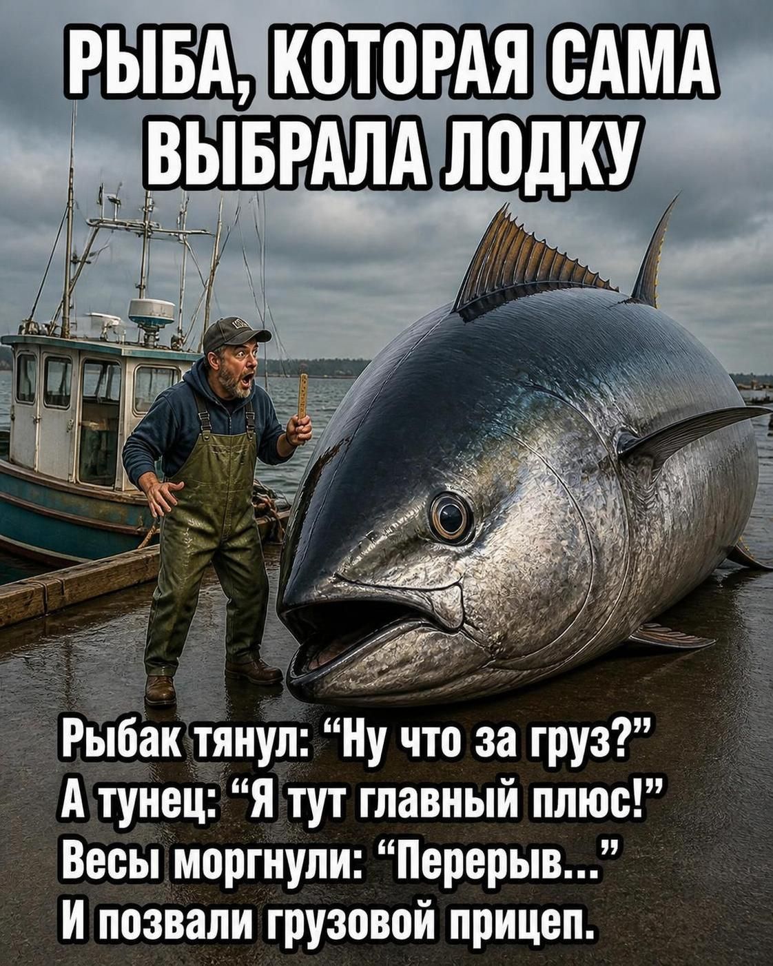 РЫБА, КОТОРАЯ САМА ВЫБРАЛА ЛОДКУ Рыбак тянул: “Ну что за груз?” А тунец: “Я тут главный плюс!” Весы моргнули: “Перерыв...” И позвали грузовой прицеп.