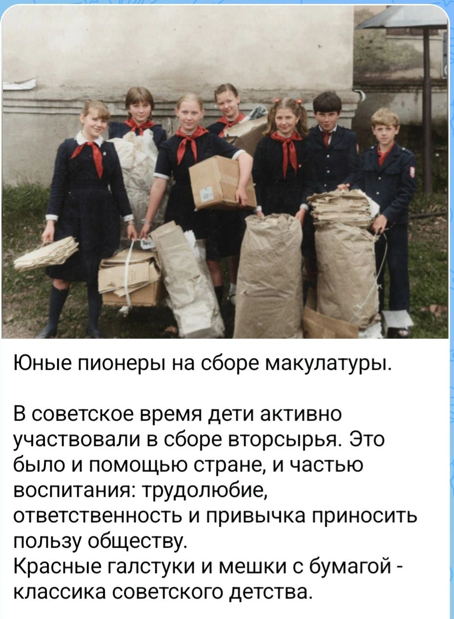 Юные пионеры на сборе макулатуры.
В советское время дети активно участвовали в сборе вторсырья. Это было и помощью стране, и частью воспитания: трудолюбие, ответственность и привычка приносить пользу обществу. Красные галстуки и мешки с бумагой - классика советского детства.