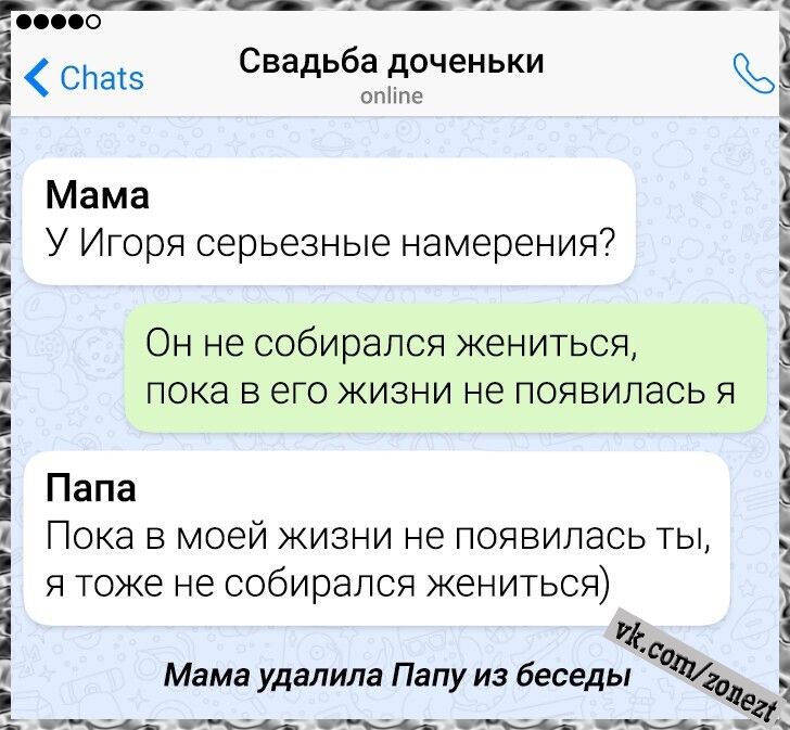 Свадьба доченьки. Мама: У Игоря серьезные намерения? Он не собирался жениться, пока в его жизни не появилась я. Папа: Пока в моей жизни не появилась ты, я тоже не собирался жениться) Мама удалила Папу из беседы.