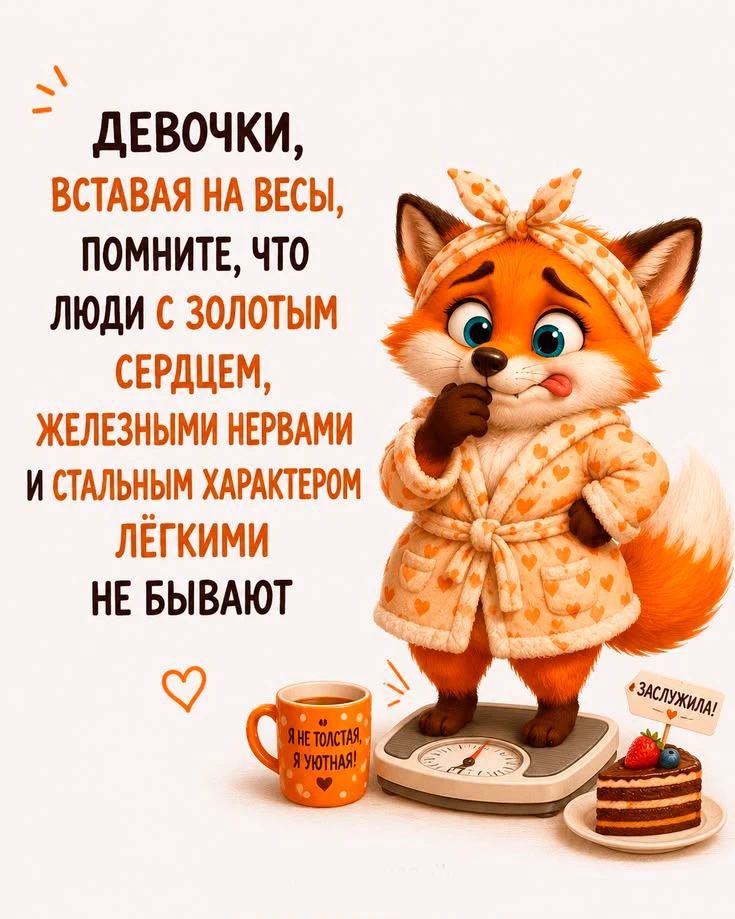ДЕВОЧКИ, ВСТАВАЯ НА ВЕСЫ, ПОМНИТЕ, ЧТО ЛЮДИ С ЗОЛОТЫМ СЕРДЦЕМ, ЖЕЛЕЗНЫМИ НЕРВАМИ И СТАЛЬНЫМ ХАРАКТЕРОМ ЛЁГКИМИ НЕ БЫВАЮТ. Я НЕ ТОЛСТАЯ, Я УЮТНАЯ! ЗАСЛУЖИЛА!