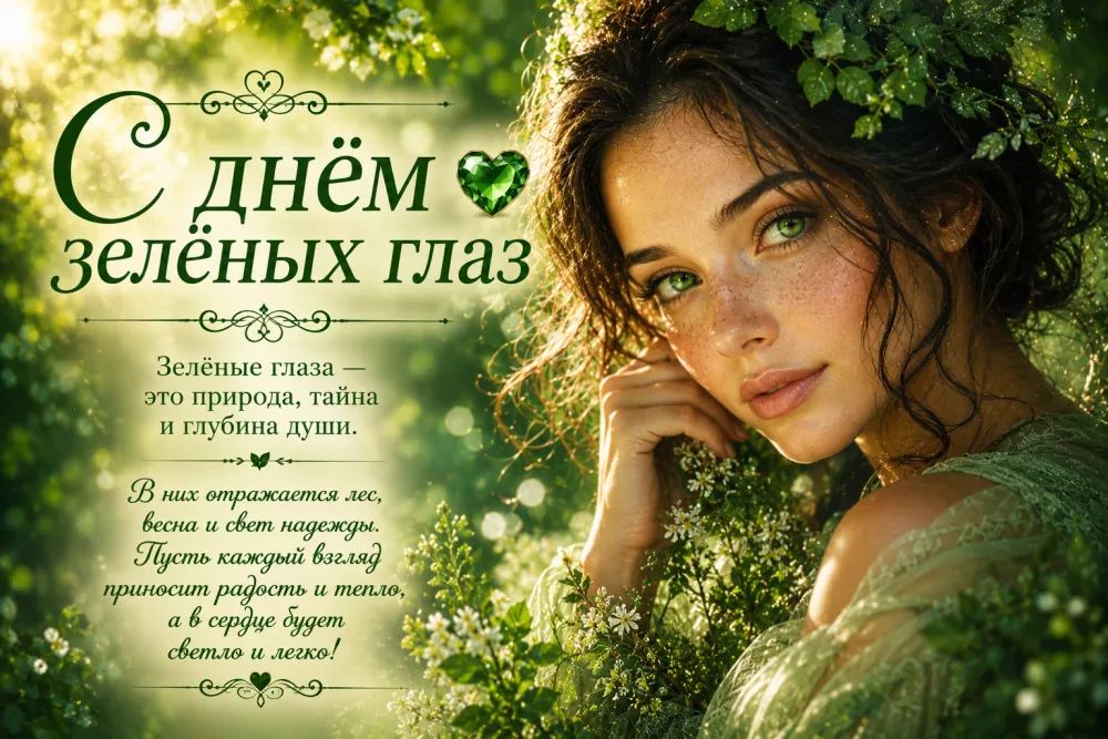 С днём зелёных глаз Зелёные глаза — это природа, тайна и глубина души. В них отражается лес, весна и свет надежды. Пусть каждый взгляд приносит радость и тепло, а в сердце будет светло и легко!
