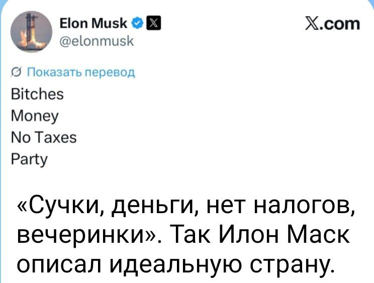 Elon Musk @elonmusk Показать перевод Bitches Money No Taxes Party «Сучки, деньги, нет налогов, вечеринки». Так Илон Маск описал идеальную страну.