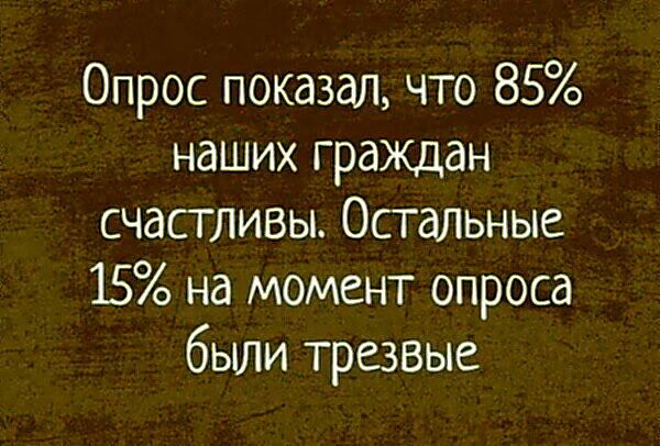 Опрос показал, что 85% наших граждан счастливы. Остальные 15% на момент опроса были трезвые