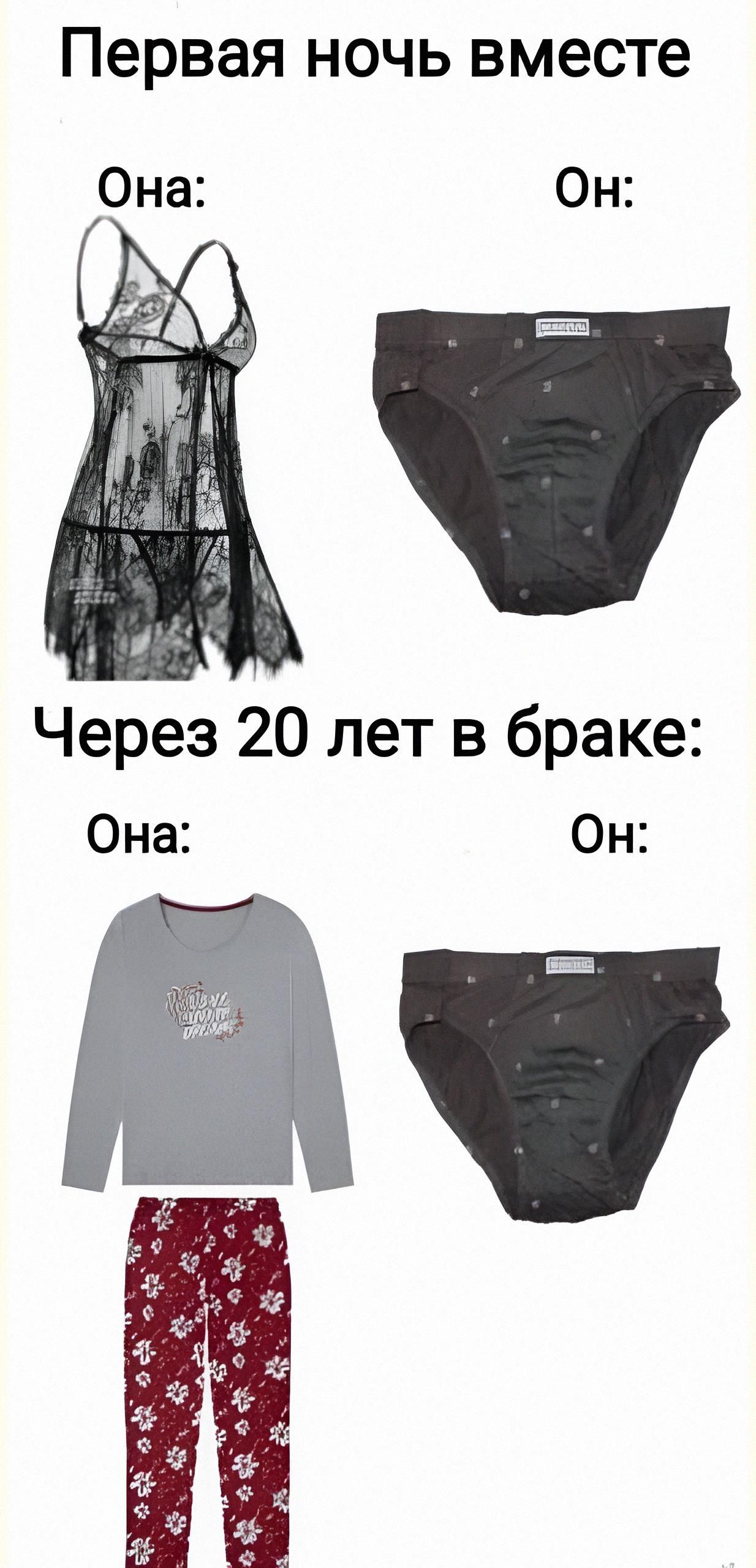 Первая ночь вместе Она: [изображение черного кружевного белья] Он: [изображение черных мужских трусов] Через 20 лет в браке: Она: [изображение серой кофты и красных пижамных штанов] Он: [изображение черных мужских трусов]
