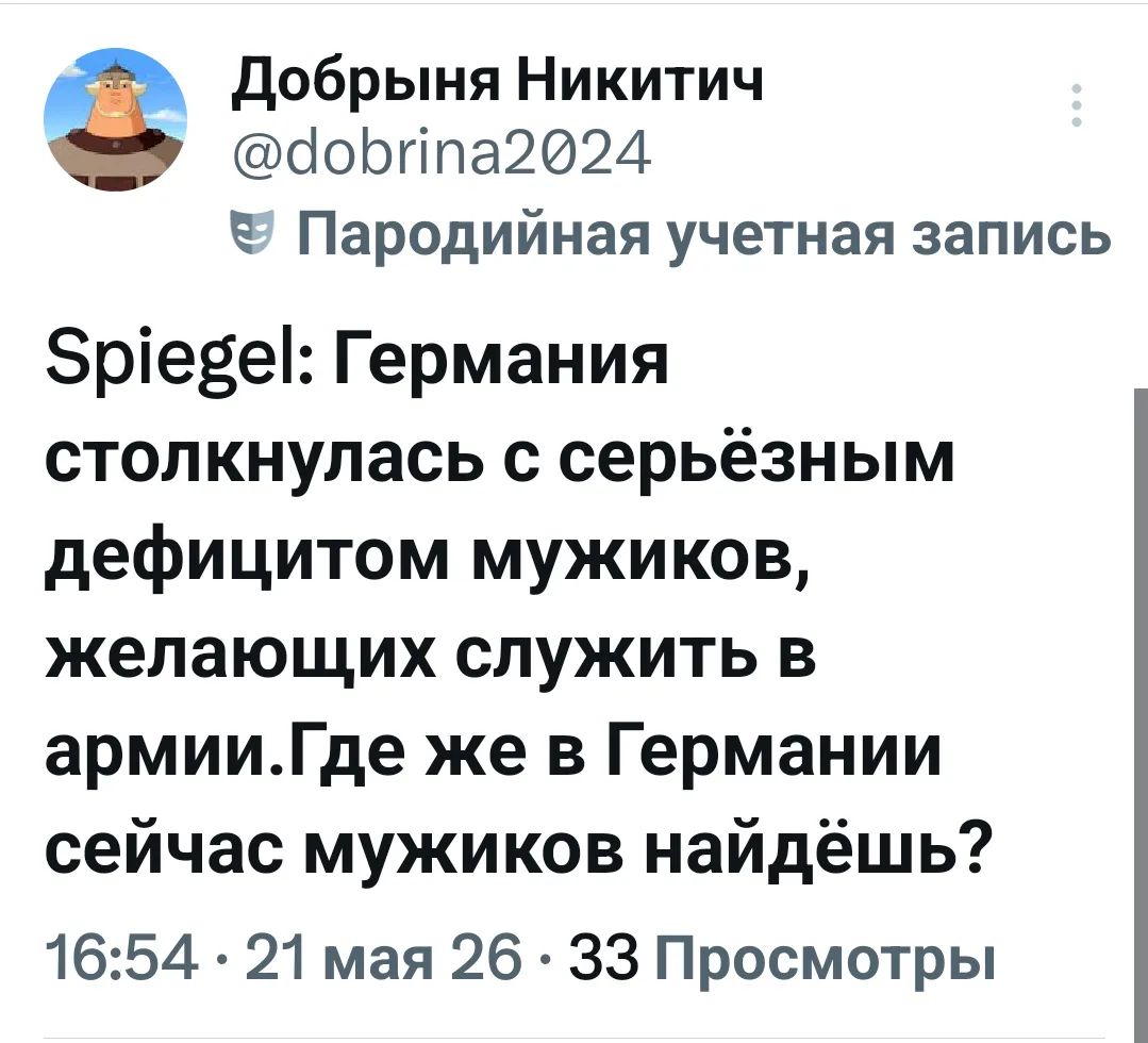 Добрыня Никитич @dobrina2024 Пародийная учетная запись Spiegel: Германия столкнулась с серьезным дефицитом мужиков, желающих служить в армии. Где же в Германии сейчас мужиков найдешь? 16:54 · 21 мая 26 · 33 Просмотры