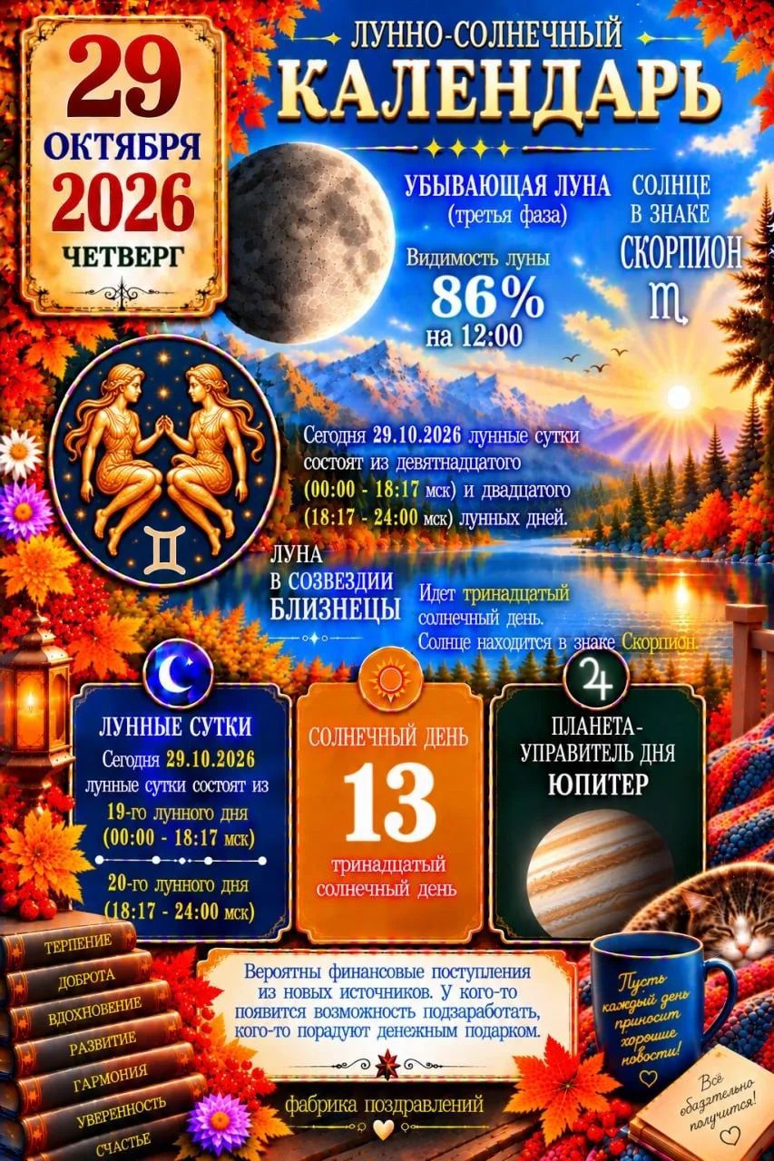 Лунно-солнечный календарь. 29 октября 2026, четверг. Убывающая луна (третья фаза), видимость 86%. Солнце в знаке Скорпион. Луна в созвездии Близнецы. Лунные сутки: 19-й и 20-й лунные дни. Солнечный день: 13. Планета-управитель дня: Юпитер. Вероятны финансовые поступления из новых источников. Фабрика поздравлений.