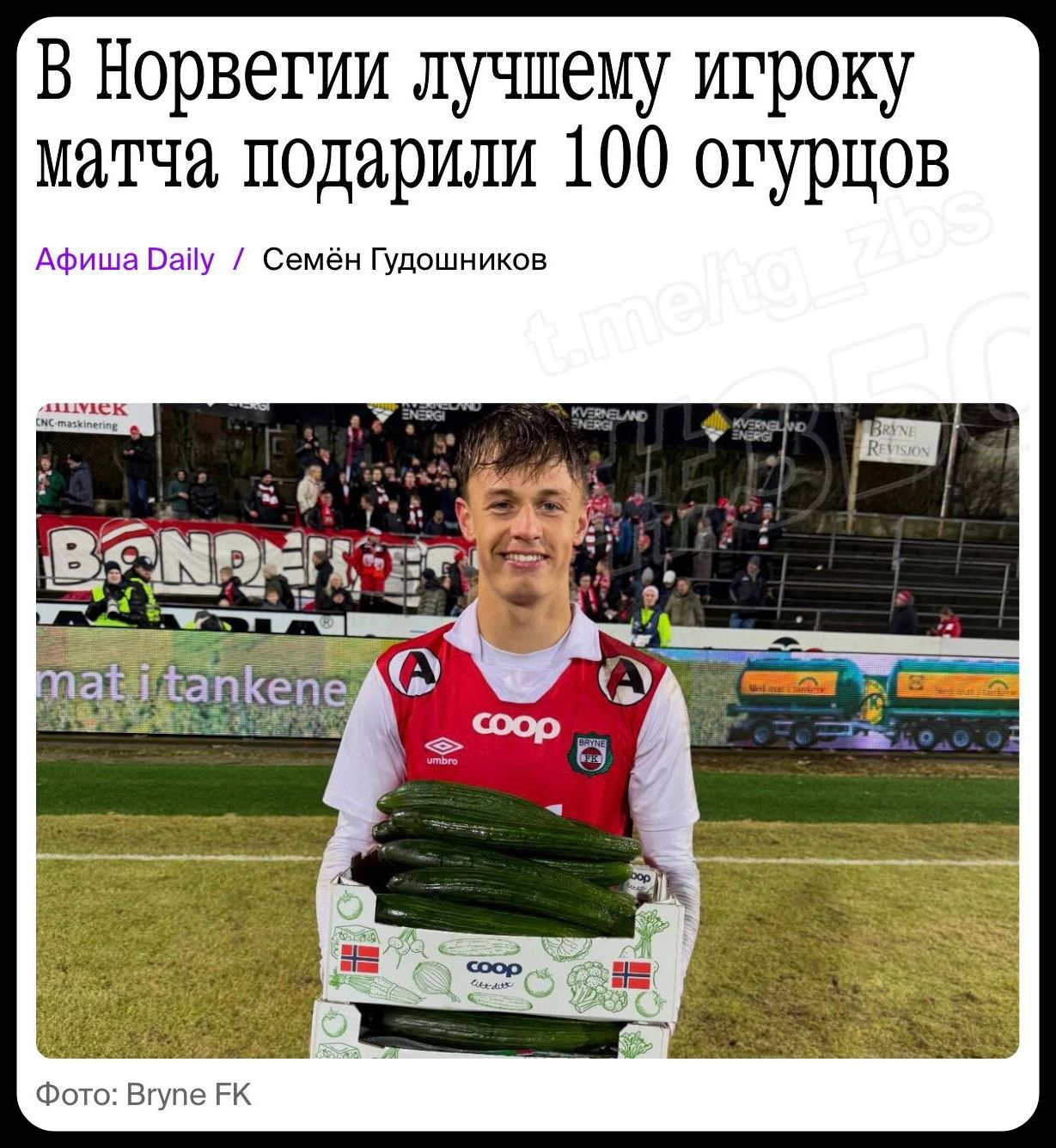 В Норвегии лучшему игроку матча подарили 100 огурцов. Афиша Daily / Семён Гудошников. Фото: Bryne FK. mat i tankene.