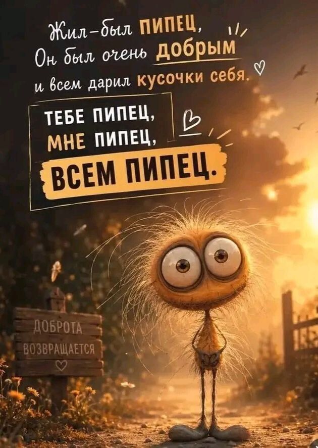 Жил-был ПИПЕЦ, Он был очень добрым и всем дарил кусочки себя. ТЕБЕ ПИПЕЦ, МНЕ ПИПЕЦ, ВСЕМ ПИПЕЦ. ДОБРОТА ВОЗВРАЩАЕТСЯ