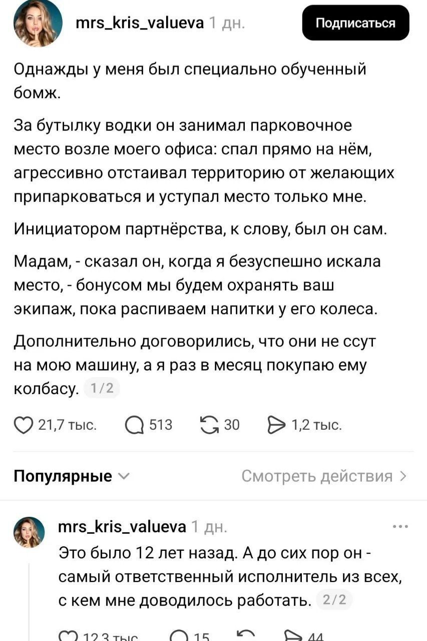 Однажды у меня был специально обученный бомж. За бутылку водки он занимал парковочное место возле моего офиса: спал прямо на нём, агрессивно отстаивал территорию от желающих припарковаться и уступал место только мне. Инициатором партнёрства, к слову, был он сам. Мадам, - сказал он, когда я безуспешно искала место, - бонусом мы будем охранять ваш