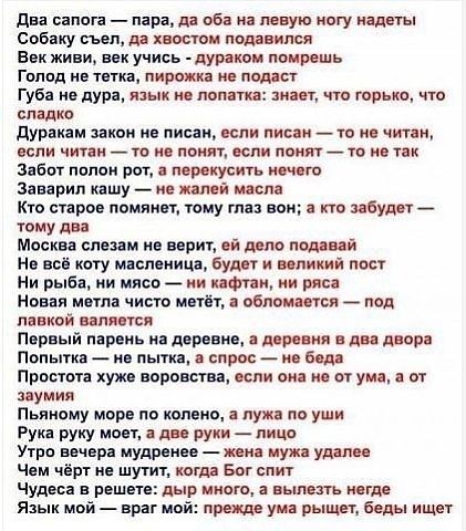 Два сапога — пара, да оба на левую ногу надеты
Собаку съел, да хвостом подавился
Век живи, век учись - дураком помрешь
Голод не тетка, пирожка не подаст
Губа не дура, язык не лопатка: знает, что горько, что сладко
Дуракам закон не писан, если писан — то не читан, если читан — то не понят, если понят — то не так
Забот полон рот, а перекусить