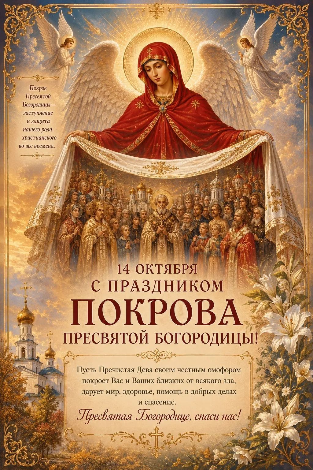 Покров Пресвятой Богородицы — заступление и защита нашего рода христианского во все времена. 14 октября С праздником Покрова Пресвятой Богородицы! Пусть Пречистая Дева своим честным омофором покроет Вас и Ваших близких от всякого зла, дарует мир, здоровье, помощь в добрых делах и спасение. Пресвятая Богородице, спаси нас!
