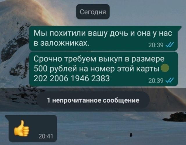 Сегодня. Мы похитили вашу дочь и она у нас в заложниках. Срочно требуем выкуп в размере 500 рублей на номер этой карты 202 2006 1946 2383. 1 непрочитанное сообщение. 👍