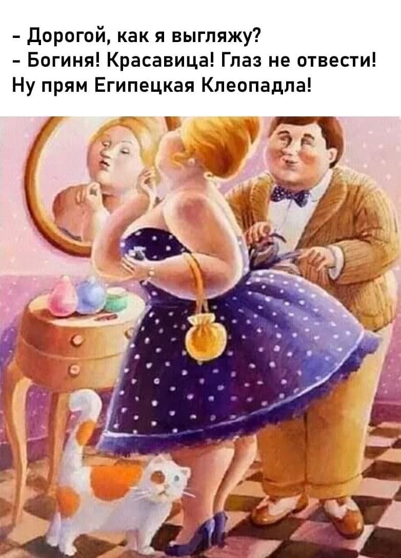 - Дорогой, как я выгляжу? - Богиня! Красавица! Глаз не отвести! Ну прям Египецкая Клеопадла!