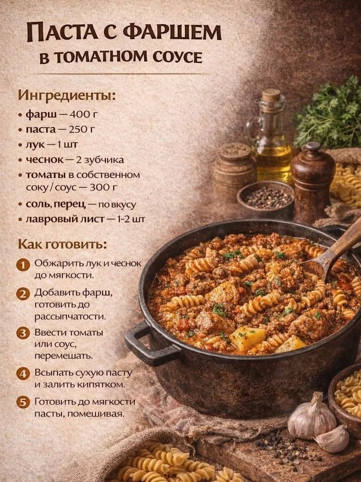 Паста с фаршем в томатном соусе
Ингредиенты:
• фарш — 400 г
• паста — 250 г
• лук — 1 шт
• чеснок — 2 зубчика
• томаты в собственном соку/соус — 300 г
• соль, перец — по вкусу
• лавровый лист — 1-2 шт
Как готовить:
1 Обжарить лук и чеснок до мягкости.
2 Добавить фарш, готовить до рассыпчатости.
3 Ввести томаты или соус, перемешать.
4 Всыпать сухую
