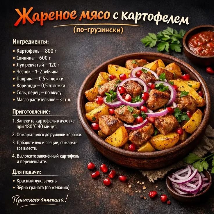 Жареное мясо с картофелем (по-грузински) Ингредиенты: Картофель – 800 г Свинина – 600 г Лук репчатый – 120 г Чеснок – 1-2 зубчика Паприка – 0,5 ч. ложки Кориандр – 0,5 ч. ложки Соль, перец – по вкусу Масло растительное – 3 ст.л. Приготовление: 1. Запеките картофель в духовке при 180°С 40 минут. 2. Обжарьте мясо до румяной корочки. 3. Добавьте лук