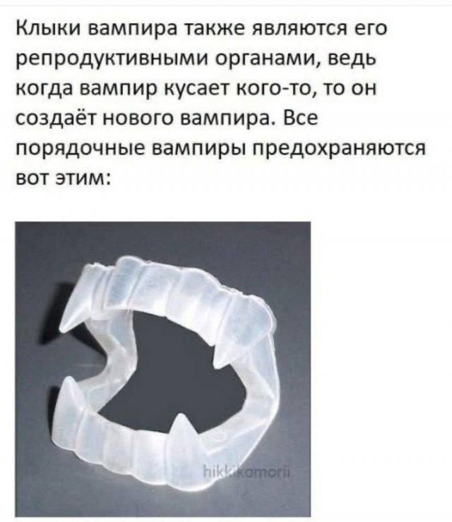 Клыки вампира также являются его репродуктивными органами, ведь когда вампир кусает кого-то, то он создаёт нового вампира. Все порядочные вампиры предохраняются вот этим: