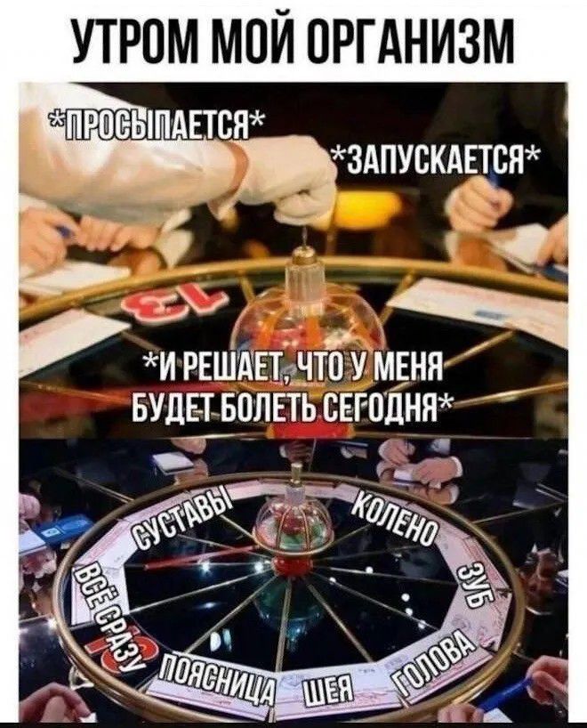 УТРОМ МОЙ ОРГАНИЗМ *ПРОСЫПАЕТСЯ* *ЗАПУСКАЕТСЯ* *И РЕШАЕТ, ЧТО У МЕНЯ БУДЕТ БОЛЕТЬ СЕГОДНЯ* СУСТАВЫ КОЛЕНО ЗУБ ГОЛОВА ШЕЯ ПОЯСНИЦА ВСЁ СРАЗУ