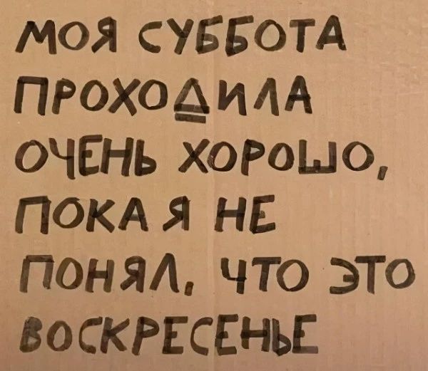 МОЯ СУББОТА ПРОХОДИЛА ОЧЕНЬ ХОРОШО, ПОКА Я НЕ ПОНЯЛ, ЧТО ЭТО ВОСКРЕСЕНЬЕ