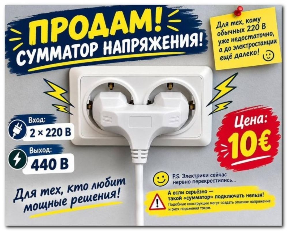 ПРОДАМ! СУММАТОР НАПРЯЖЕНИЯ! Вход: 2 х 220 В Выход: 440 В Для тех, кто любит мощные решения! Цена: 10€ Для тех, кому обычных 220 В уже недостаточно, а до электростанции ещё далеко! P.S. Электрики сейчас нервно перекрестились... А если серьёзно — такой «сумматор» подключать нельзя! Подобные конструкции могут создать опасное напряжение и риск