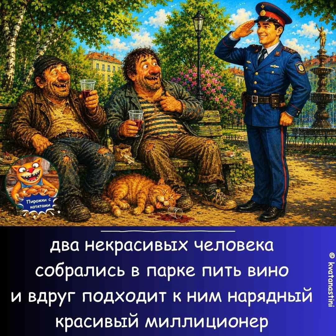 Пирожки с котятами. два некрасивых человека собрались в парке пить вино и вдруг подходит к ним нарядный красивый миллиционер