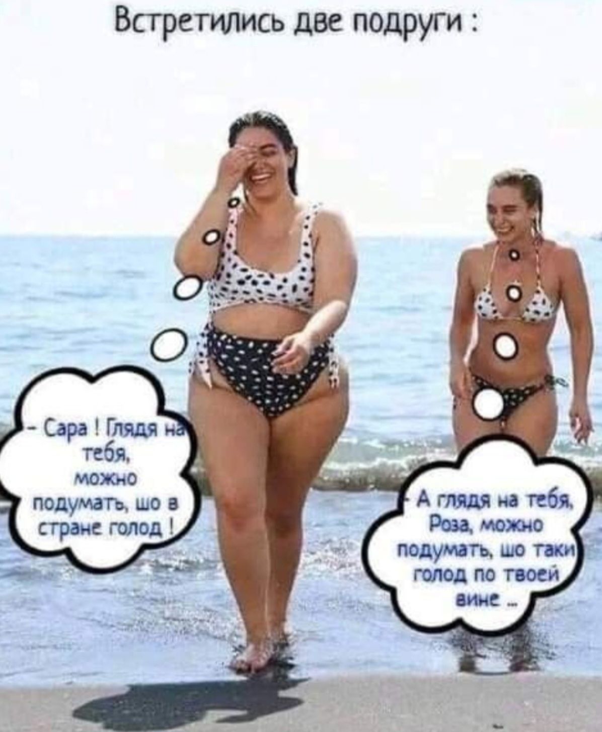 Встретились две подруги: - Сара! Глядя на тебя, можно подумать, шо в стране голод! - А глядя на тебя, Роза, можно подумать, шо таки голод по твоей вине...