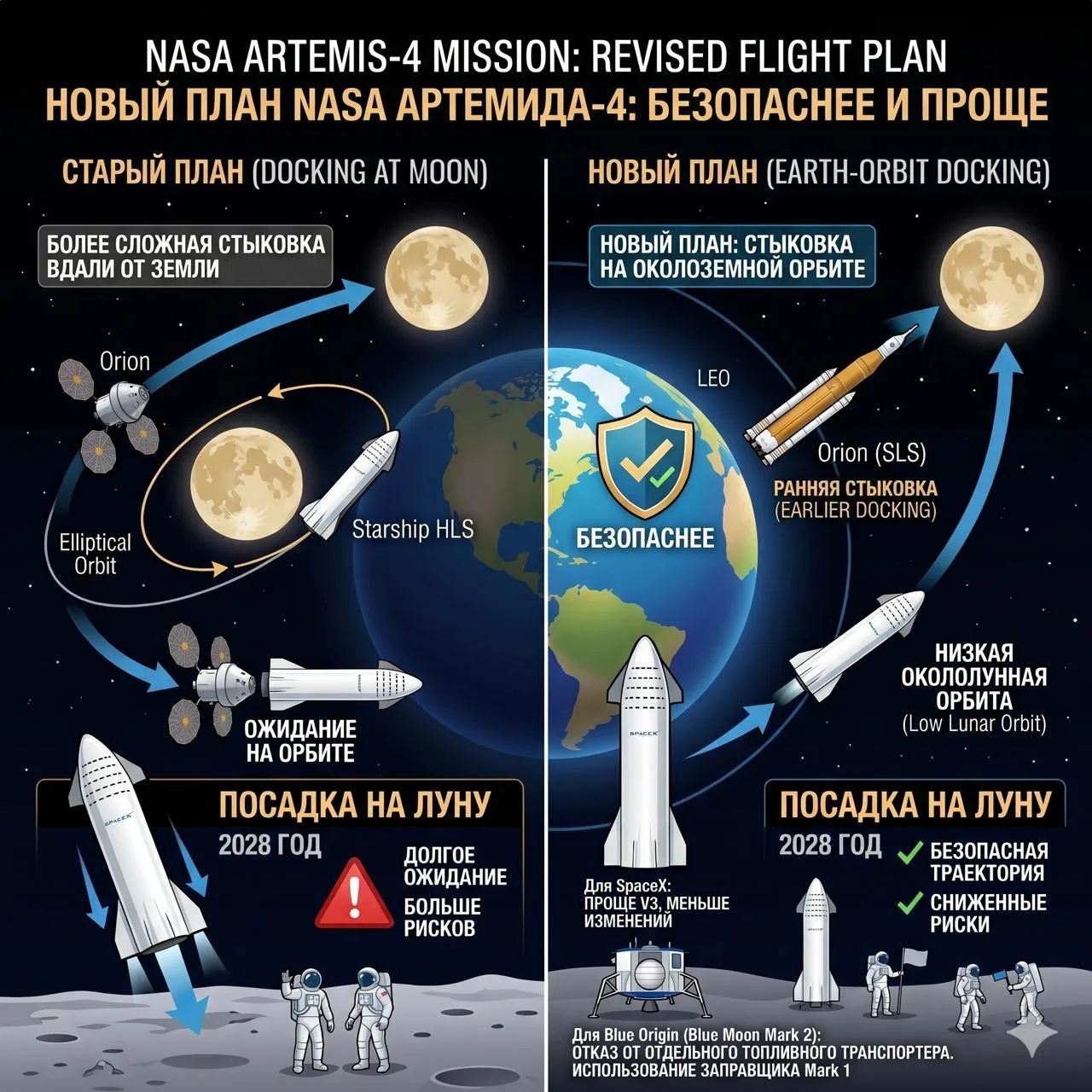 NASA ARTEMIS-4 MISSION: REVISED FLIGHT PLAN. НОВЫЙ ПЛАН NASA АРТЕМИДА-4: БЕЗОПАСНЕЕ И ПРОЩЕ. СТАРЫЙ ПЛАН (DOCKING AT MOON). БОЛЕЕ СЛОЖНАЯ СТЫКОВКА ВДАЛИ ОТ ЗЕМЛИ. Orion. Elliptical Orbit. Starship HLS. ОЖИДАНИЕ НА ОРБИТЕ. ПОСАДКА НА ЛУНУ 2028 ГОД. ДОЛГОЕ ОЖИДАНИЕ. БОЛЬШЕ РИСКОВ. НОВЫЙ ПЛАН (EARTH-ORBIT DOCKING). НОВЫЙ ПЛАН: СТЫКОВКА НА ОКОЛОЗЕМНОЙ