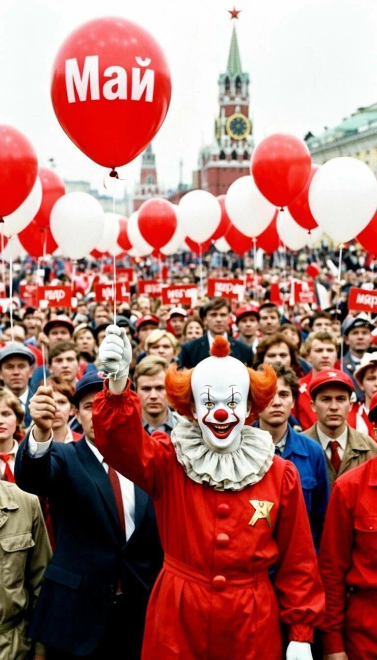 На красном шаре надпись 'Май', толпа людей с шарами и плакатами, клоун Пеннивайз в центре, на заднем плане Спасская башня Кремля.