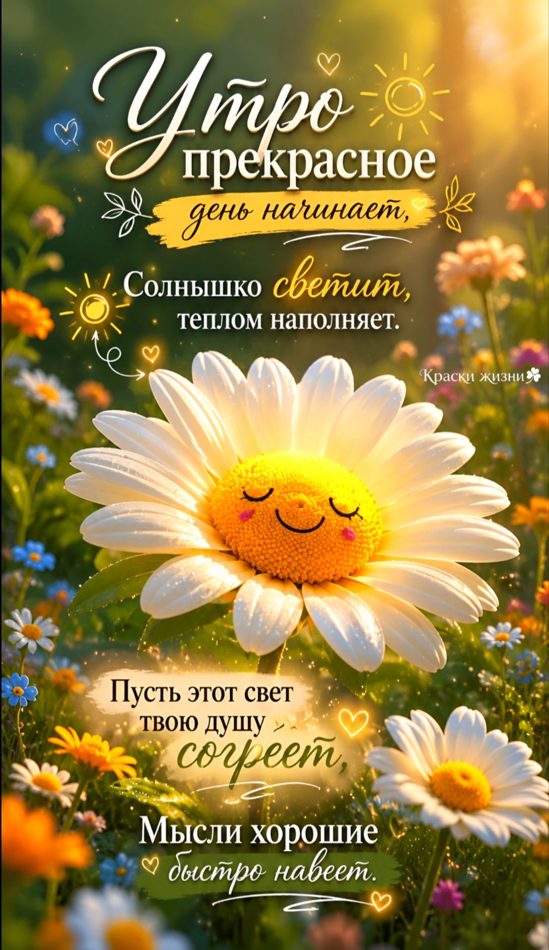 Утро прекрасное день начинает, Солнышко светит, теплом наполняет. Краски жизни. Пусть этот свет твою душу согреет, Мысли хорошие быстро навеет.