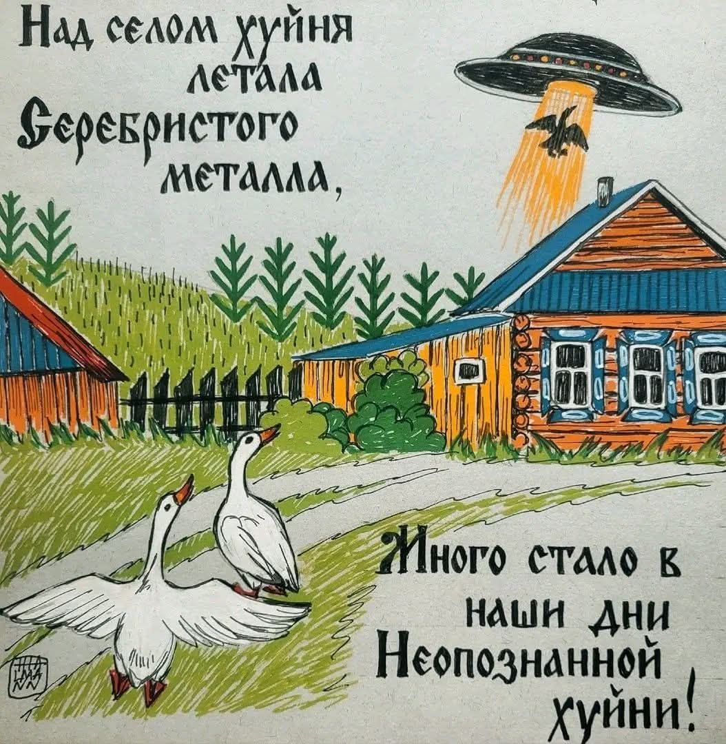 Над селом хуйня летала Серебристого металла, Много стало в наши дни Неопознанной хуйни!