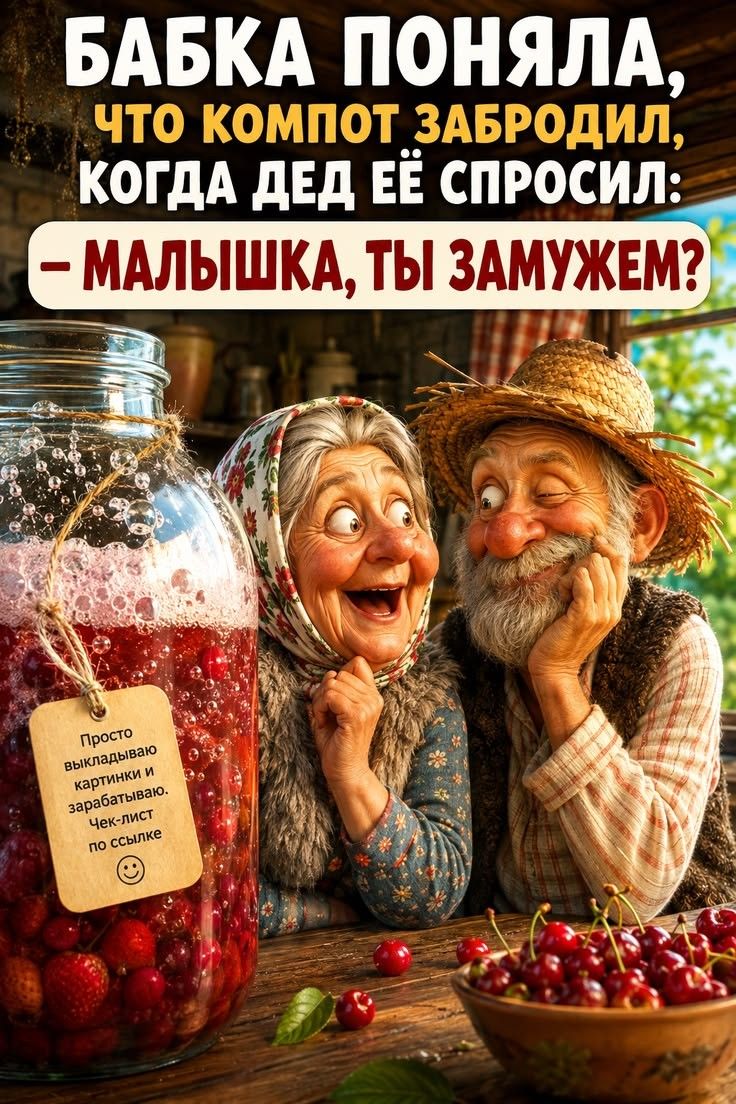 БАБКА ПОНЯЛА, ЧТО КОМПОТ ЗАБРОДИЛ, КОГДА ДЕД ЕЁ СПРОСИЛ: — МАЛЫШКА, ТЫ ЗАМУЖЕМ? Просто выкладываю картинки и зарабатываю. Чек-лист по ссылке